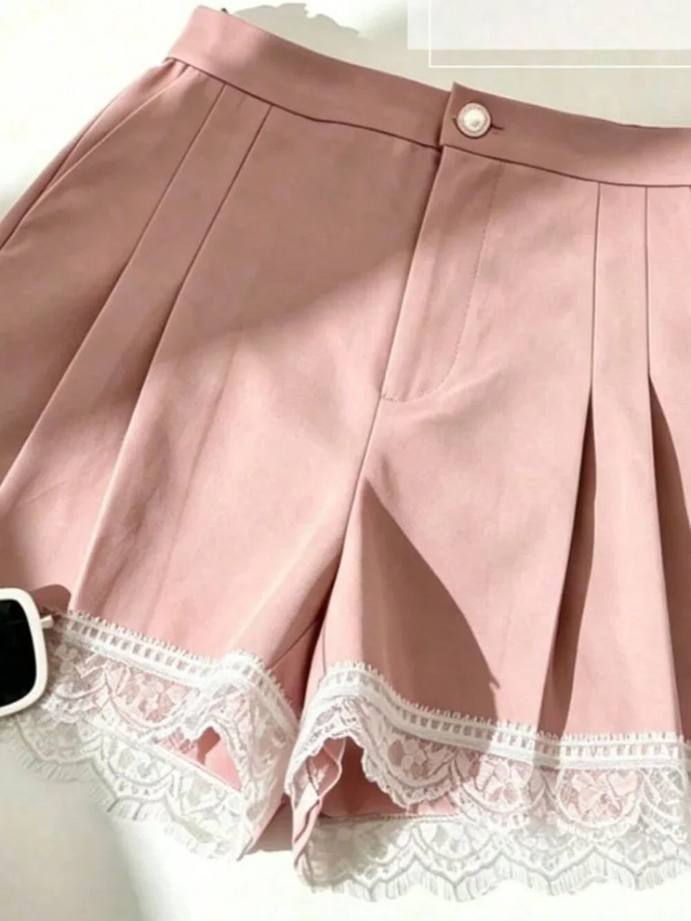 Pink Casual Women's Elegant Minimalist Pleated A-Line Lace Wide Leg Shorts